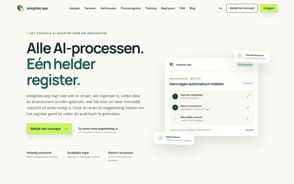 Voorvertoning van de homepage van airegister.app